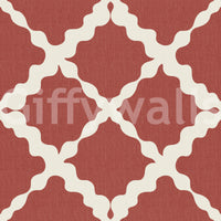 Rust red geometric trellis wallpaper swatch with linen texture and cream background.