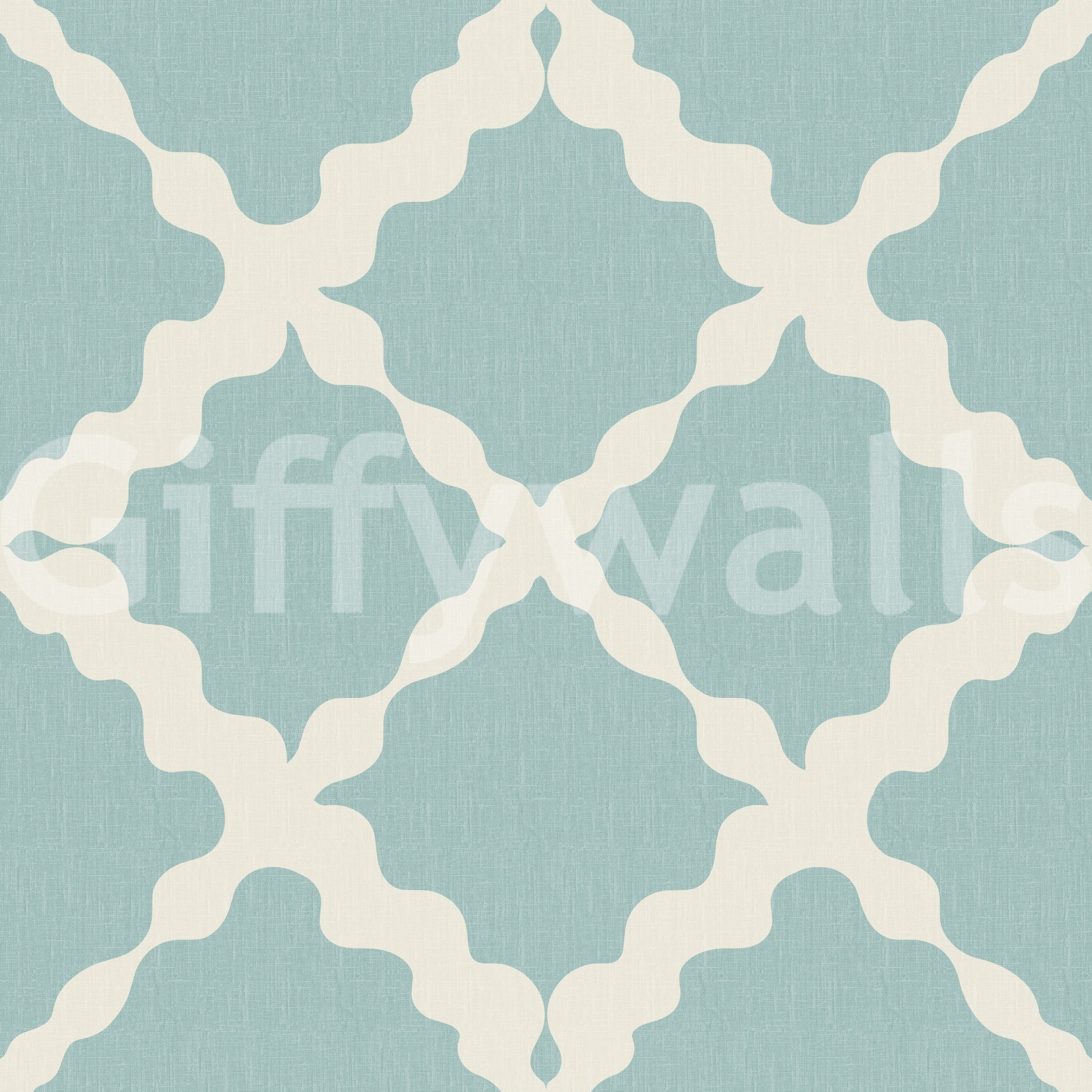 Muted blue and cream trellis lattice geometric wallpaper swatch with linen texture.