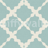 Muted blue and cream trellis lattice geometric wallpaper swatch with linen texture.