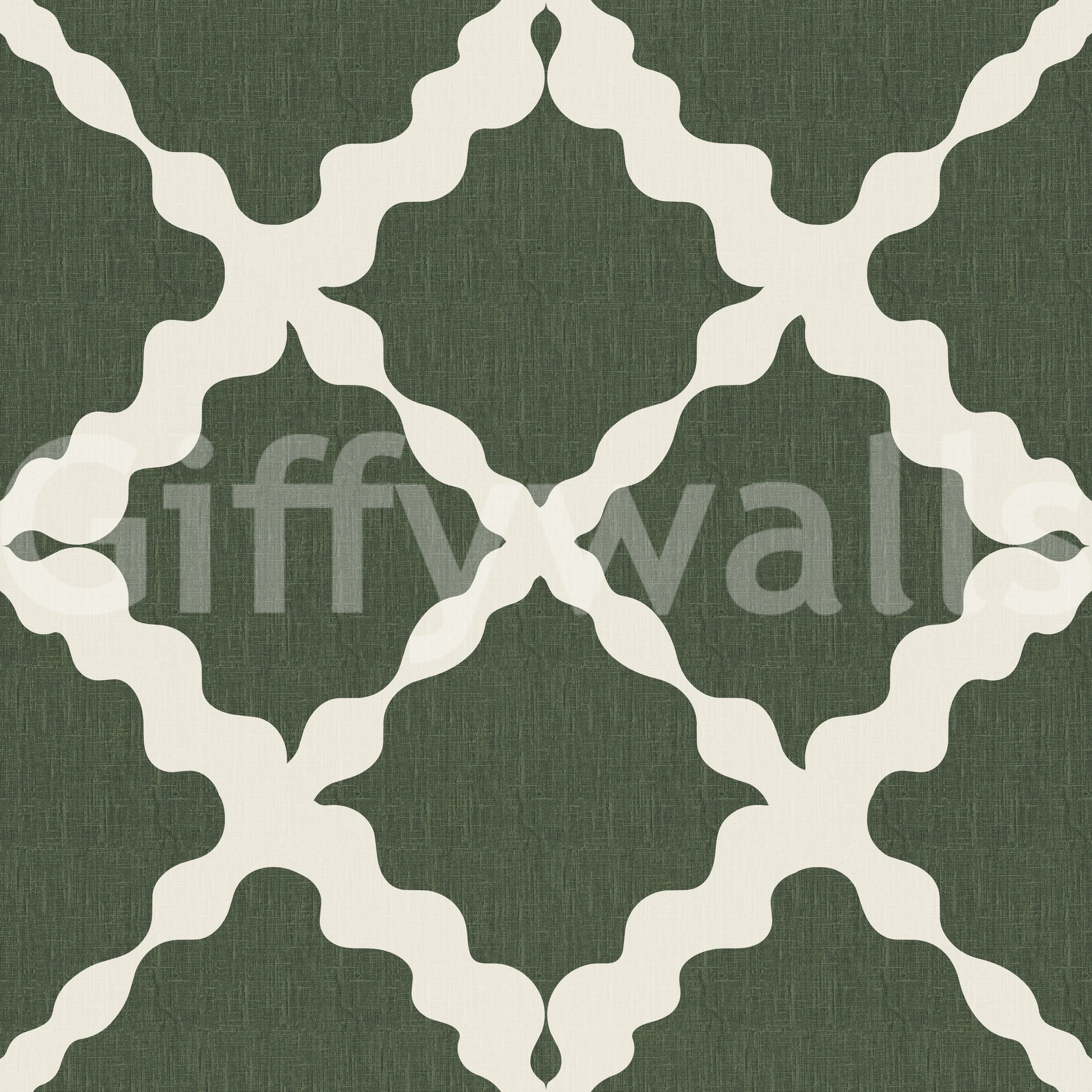 Deep green and cream geometric trellis repeat pattern on a linen-textured wallpaper.