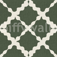 Deep green and cream geometric trellis repeat pattern on a linen-textured wallpaper.
