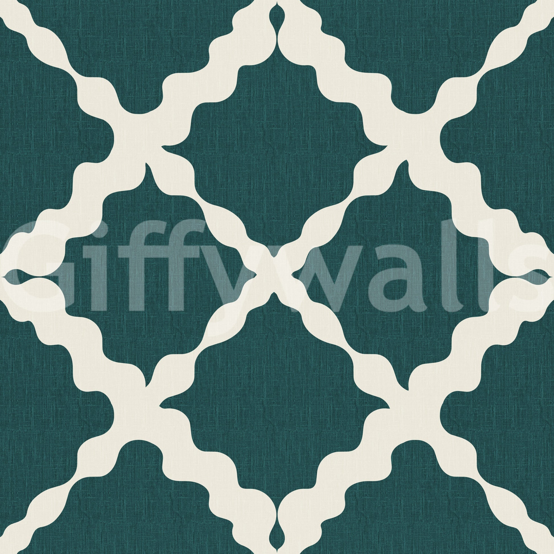 Deep teal and cream geometric trellis on textured lattice wallpaper.