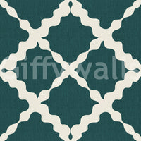 Deep teal and cream geometric trellis on textured lattice wallpaper.