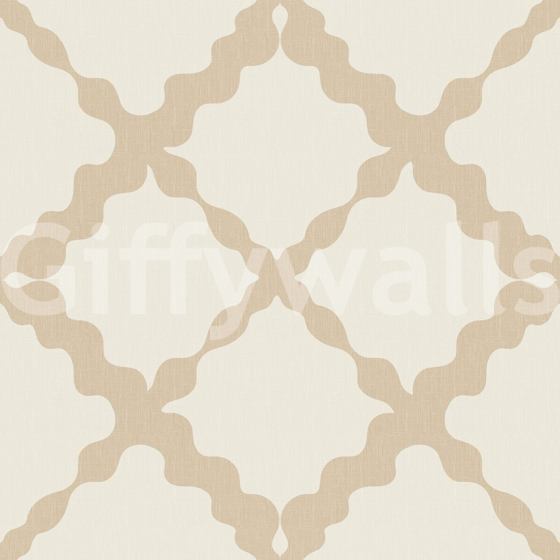 Cream beige geometric trellis wallpaper swatch with linen texture background.