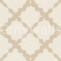 Cream beige geometric trellis wallpaper swatch with linen texture background.