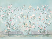 Serene chinoiserie aviary wall mural with birds peonies and teal background.