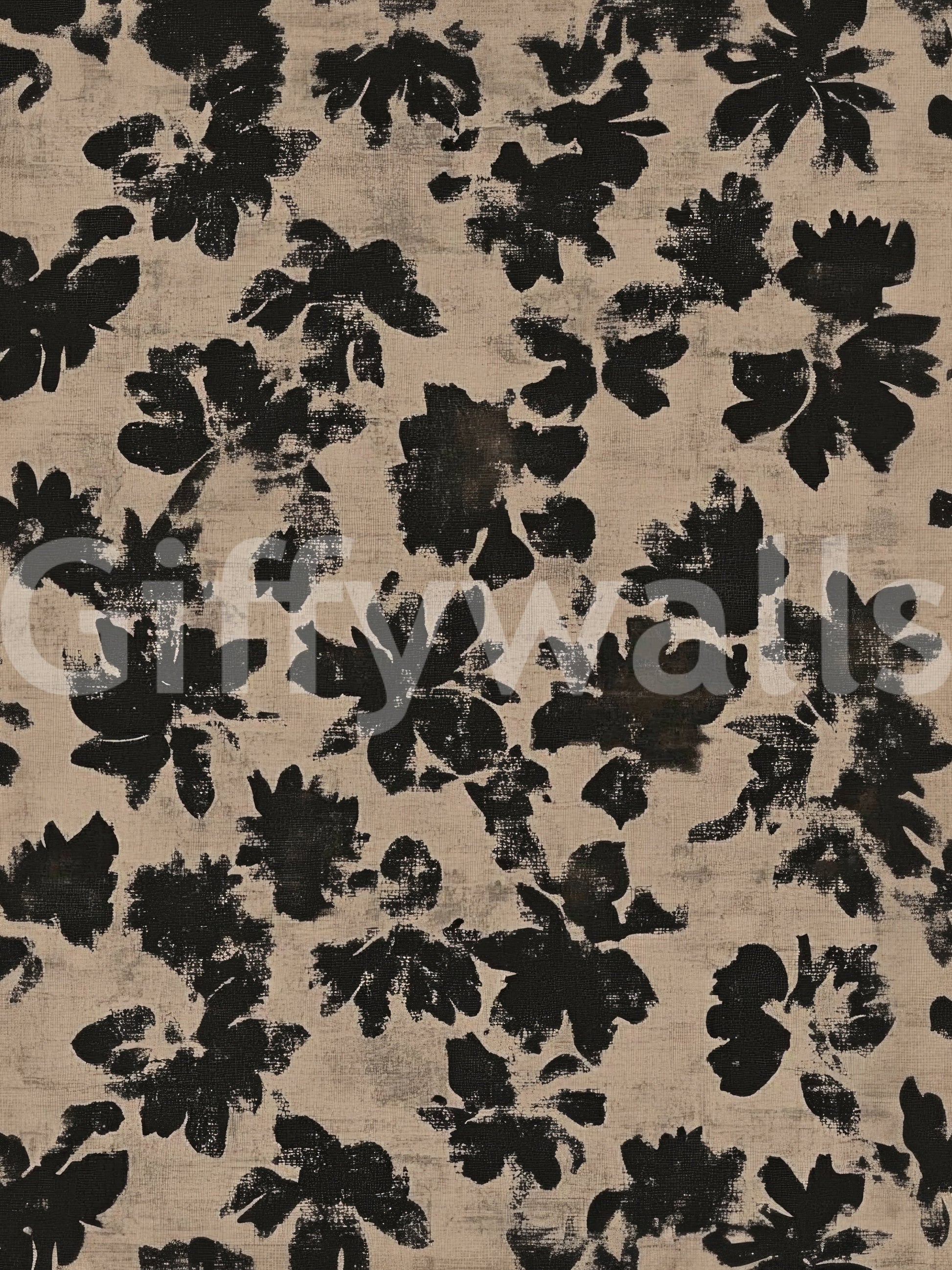 Black floral silhouette wall mural on warm beige distressed surface.