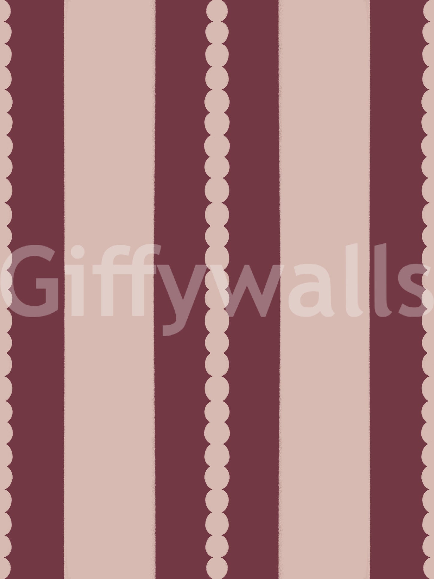 Scalloped edge vertical stripe pattern wallpaper in deep berry and blush pink.