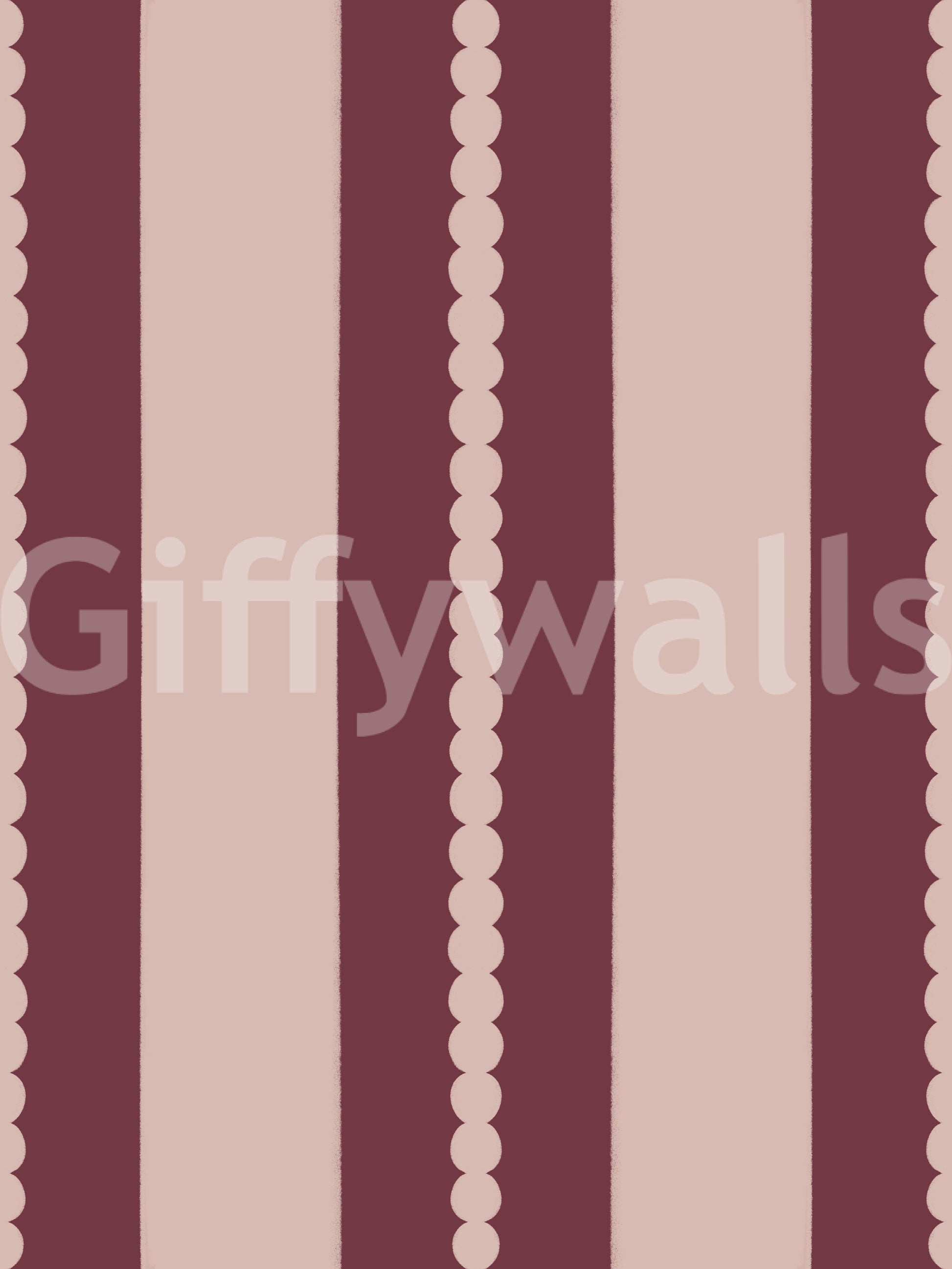 Scalloped edge vertical stripe pattern wallpaper in deep berry and blush pink.
