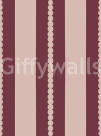 Scalloped edge vertical stripe pattern wallpaper in deep berry and blush pink.