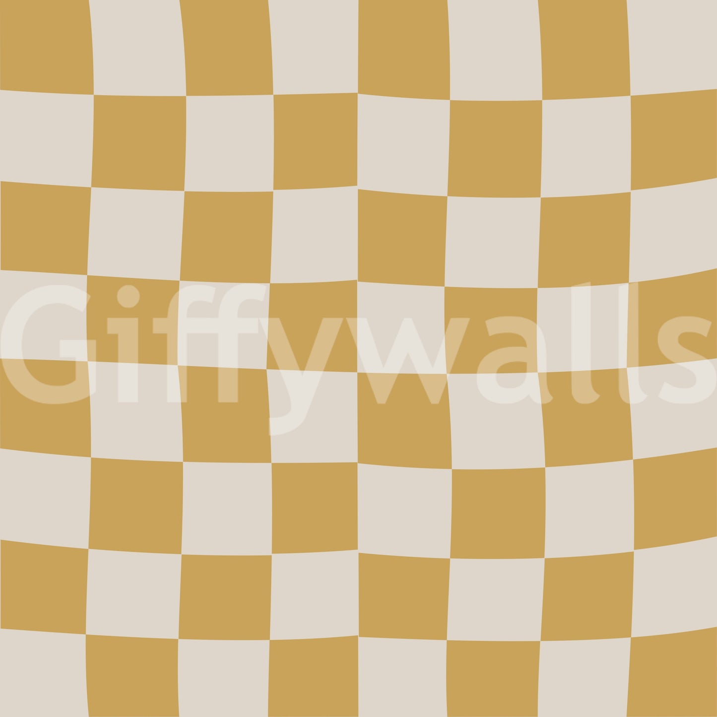 Wavy geometric checks wallpaper swatch in honey gold and off-white tones.