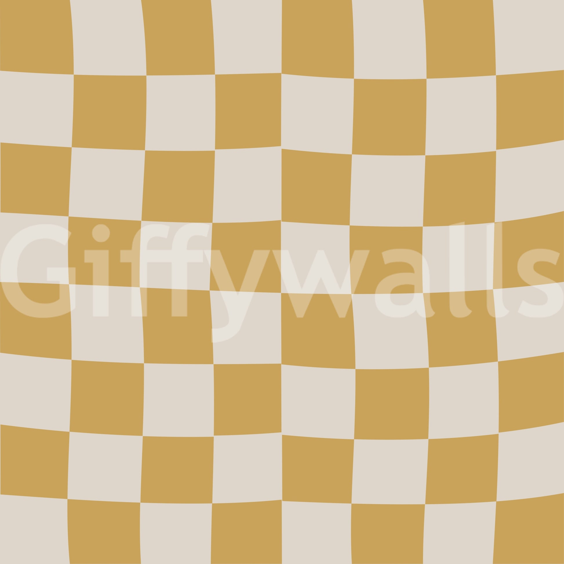 Wavy geometric checks wallpaper swatch in honey gold and off-white tones.