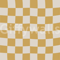 Wavy geometric checks wallpaper swatch in honey gold and off-white tones.