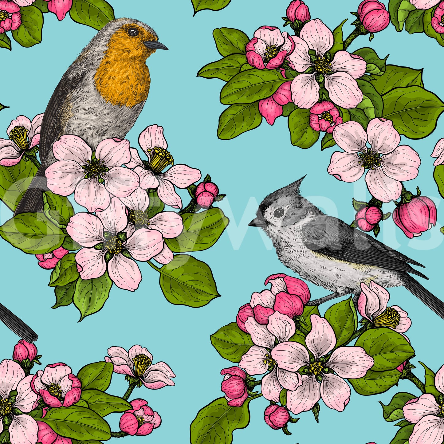 Birds and blossoms repeat pattern wallpaper with robin and titmouse on powder blue background.