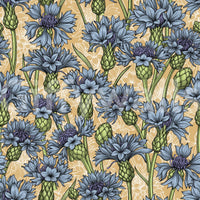Cornflowers Wallpaper color swatch with steel-blue blooms and artichoke buds on golden amber. 