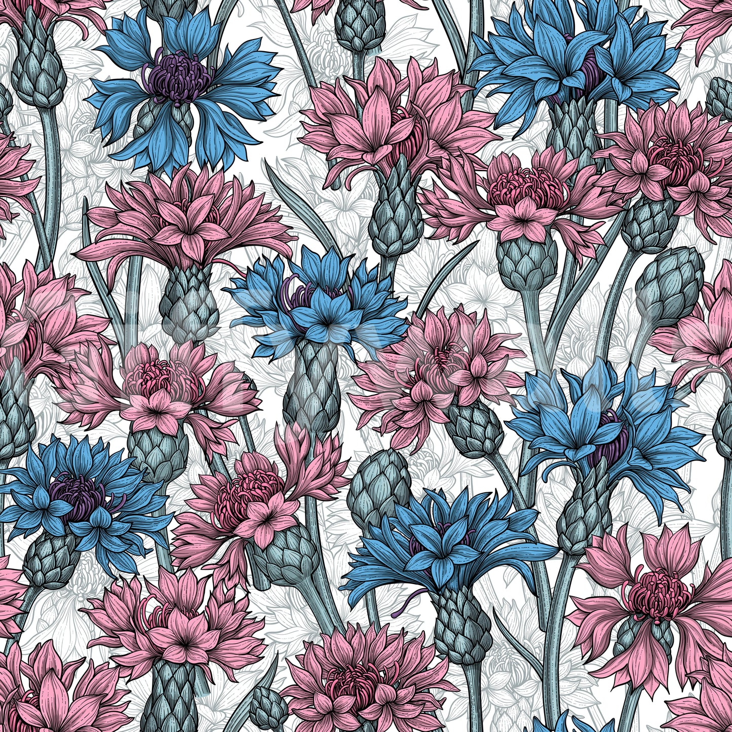 Floral cornflowers wallpaper with blue and pink botanical garden motifs.