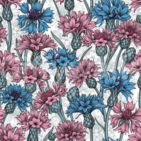 Floral cornflowers wallpaper with blue and pink botanical garden motifs.