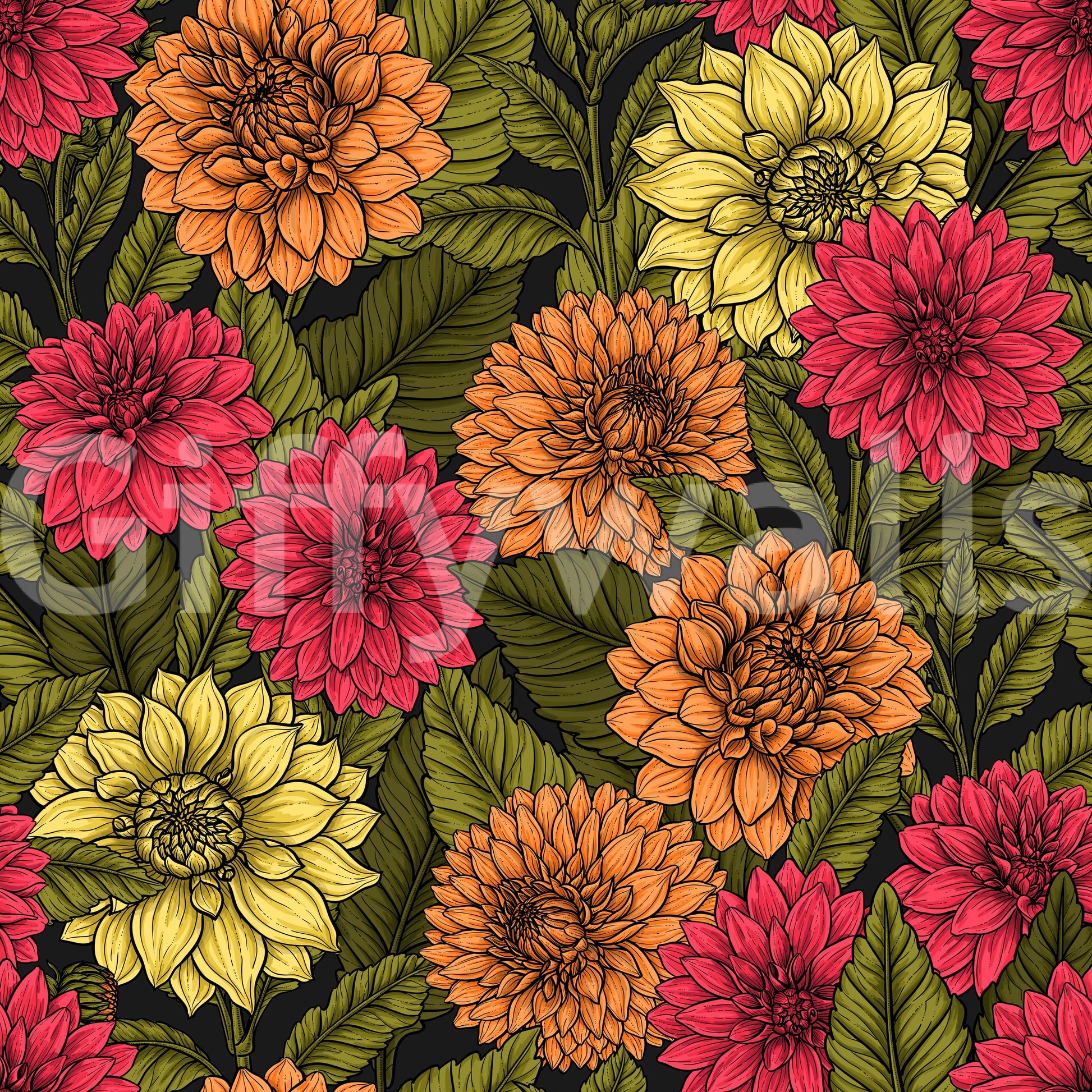 Yellow and pink botanical wallpaper with intricate line work and floral stems., GD9814