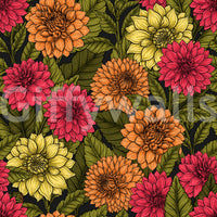 Yellow and pink botanical wallpaper with intricate line work and floral stems., GD9814