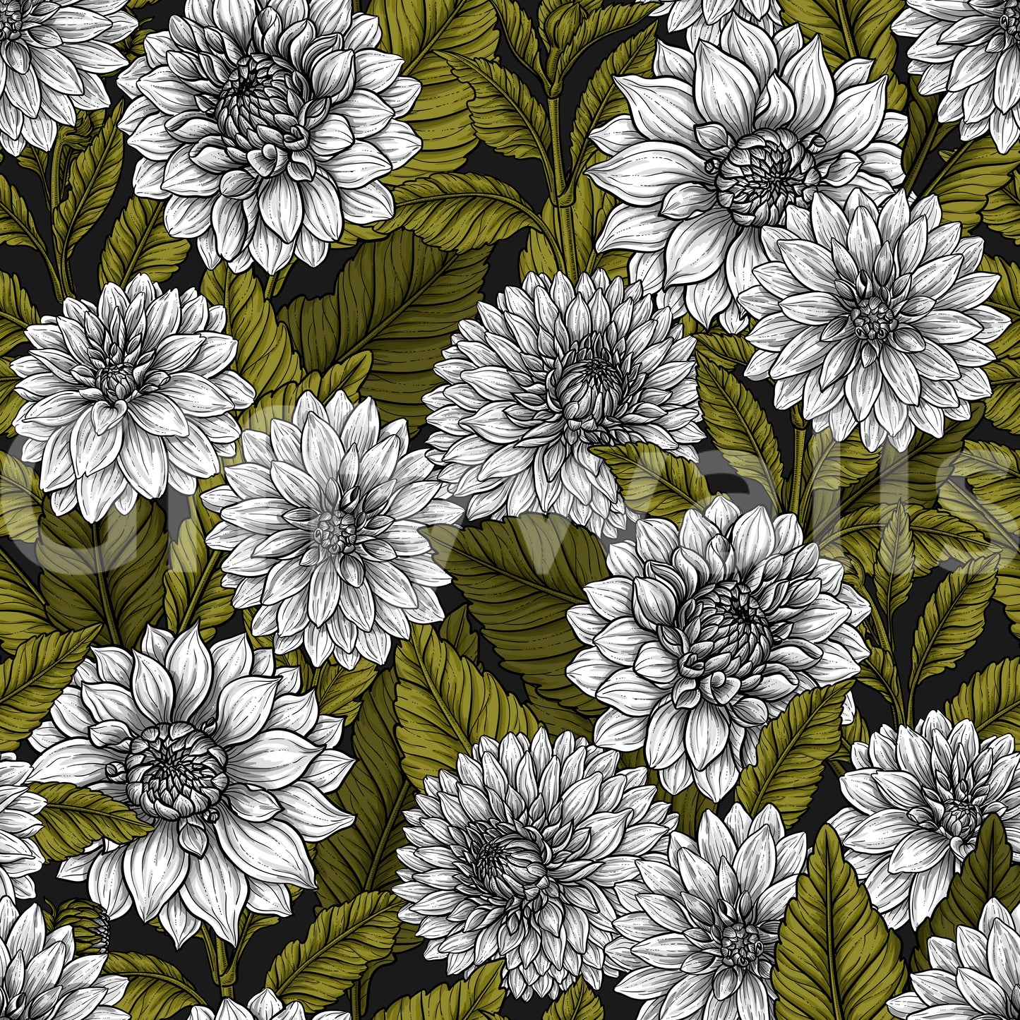 Intricate garden wallpaper with white flowers and olive green leaves.