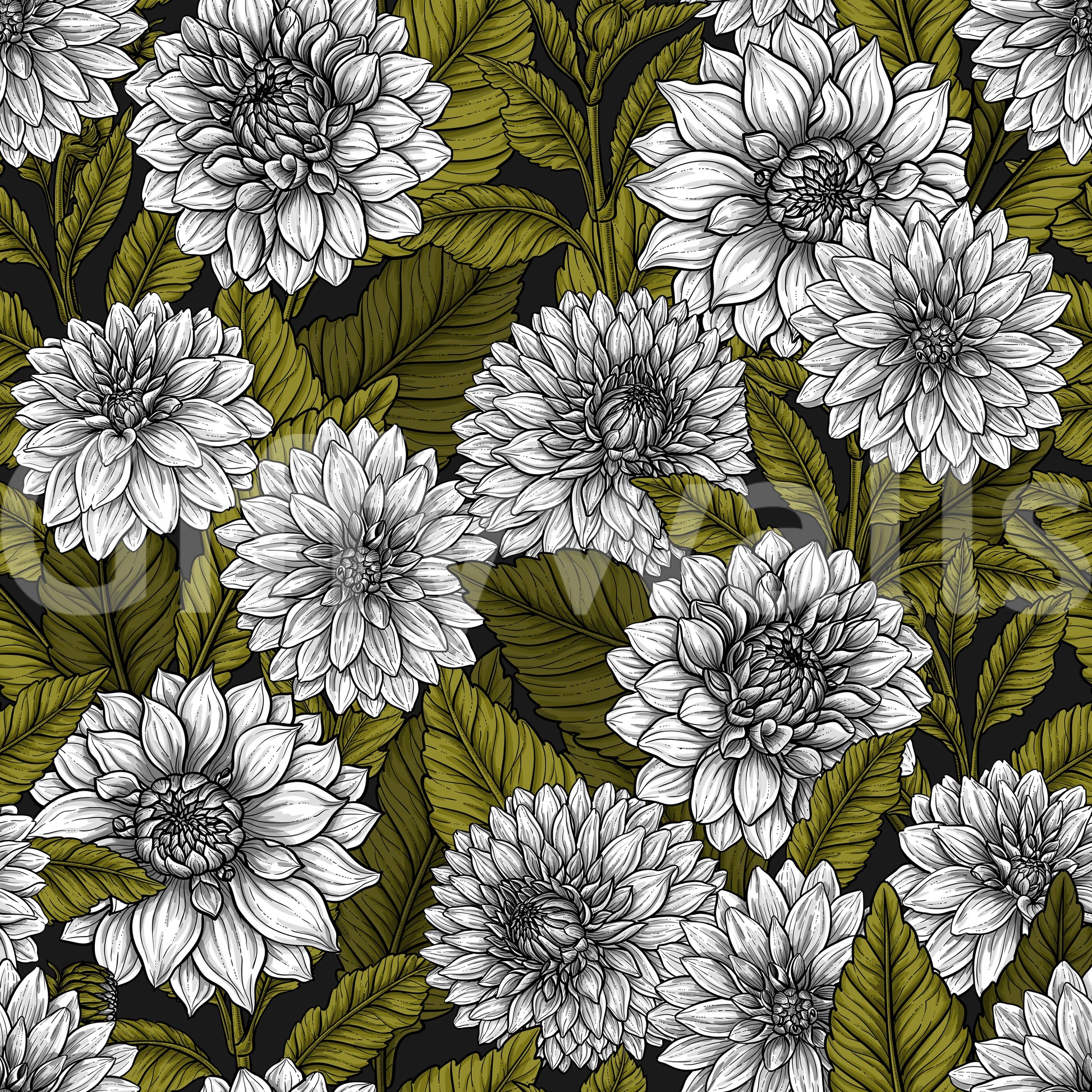 Intricate garden wallpaper with white flowers and olive green leaves.