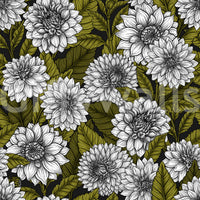 Intricate garden wallpaper with white flowers and olive green leaves.