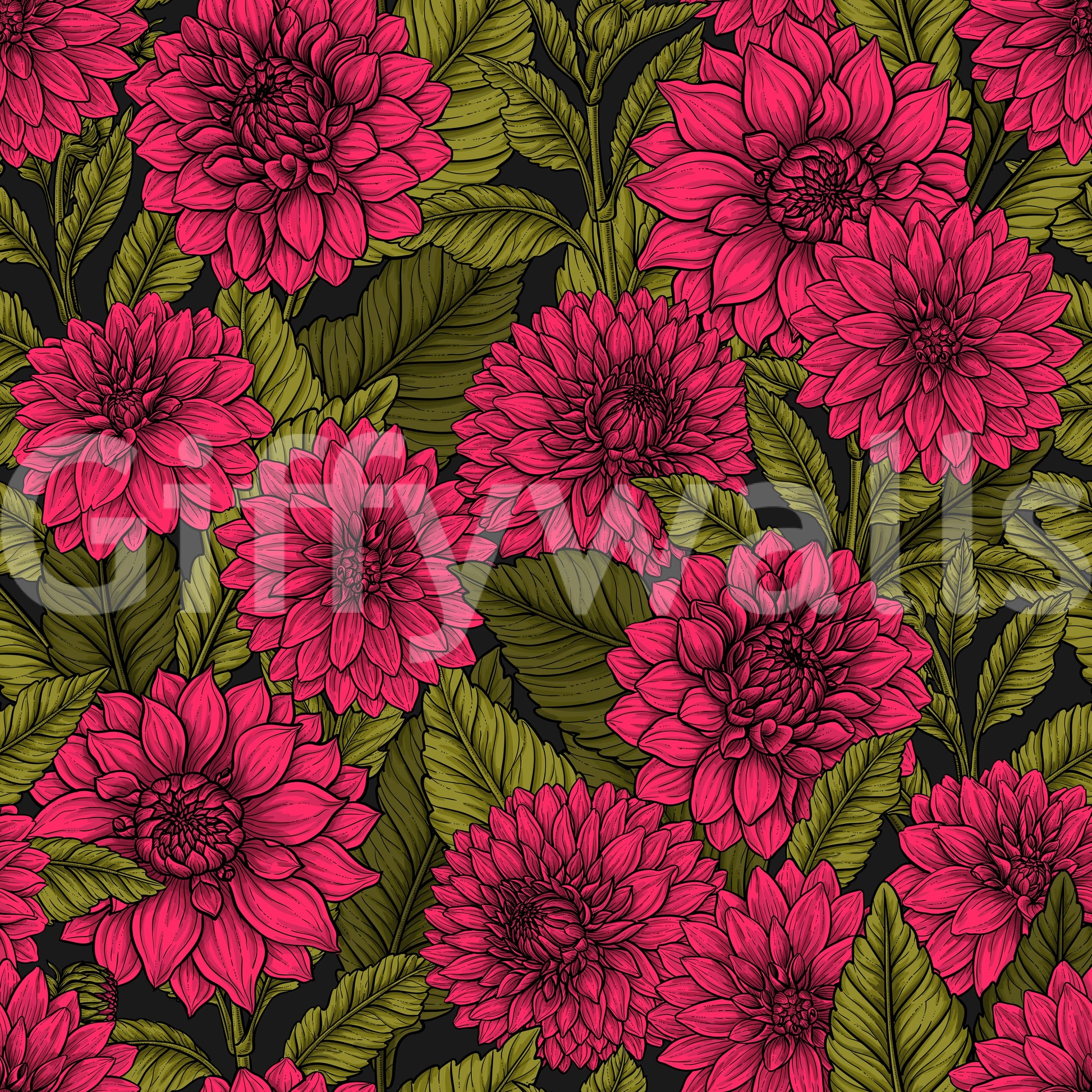 Large pink dahlia wallpaper with green leaf garden print design layout.