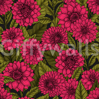 Large pink dahlia wallpaper with green leaf garden print design layout.