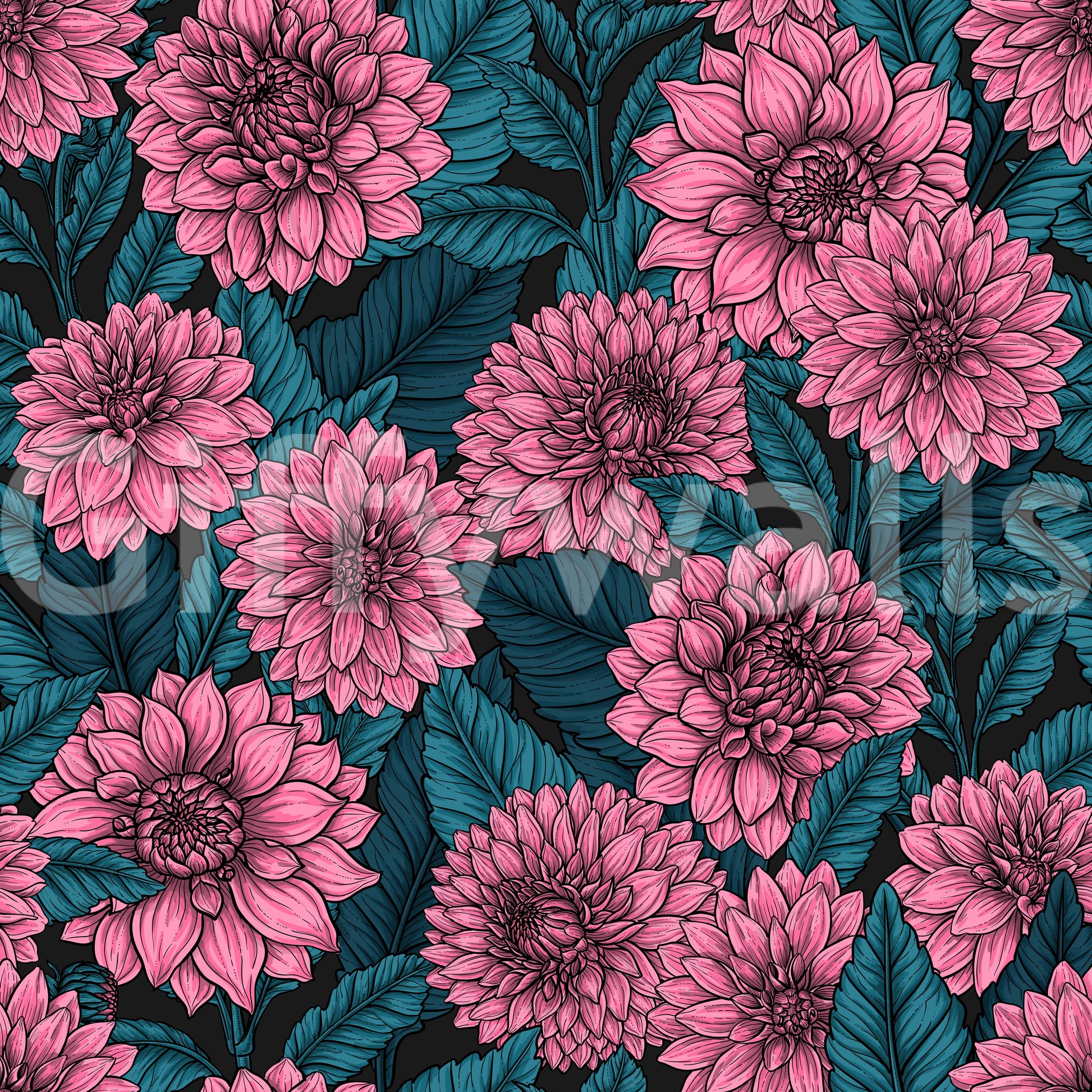 Blue leaves and garden flower illustration wallpaper on black background.