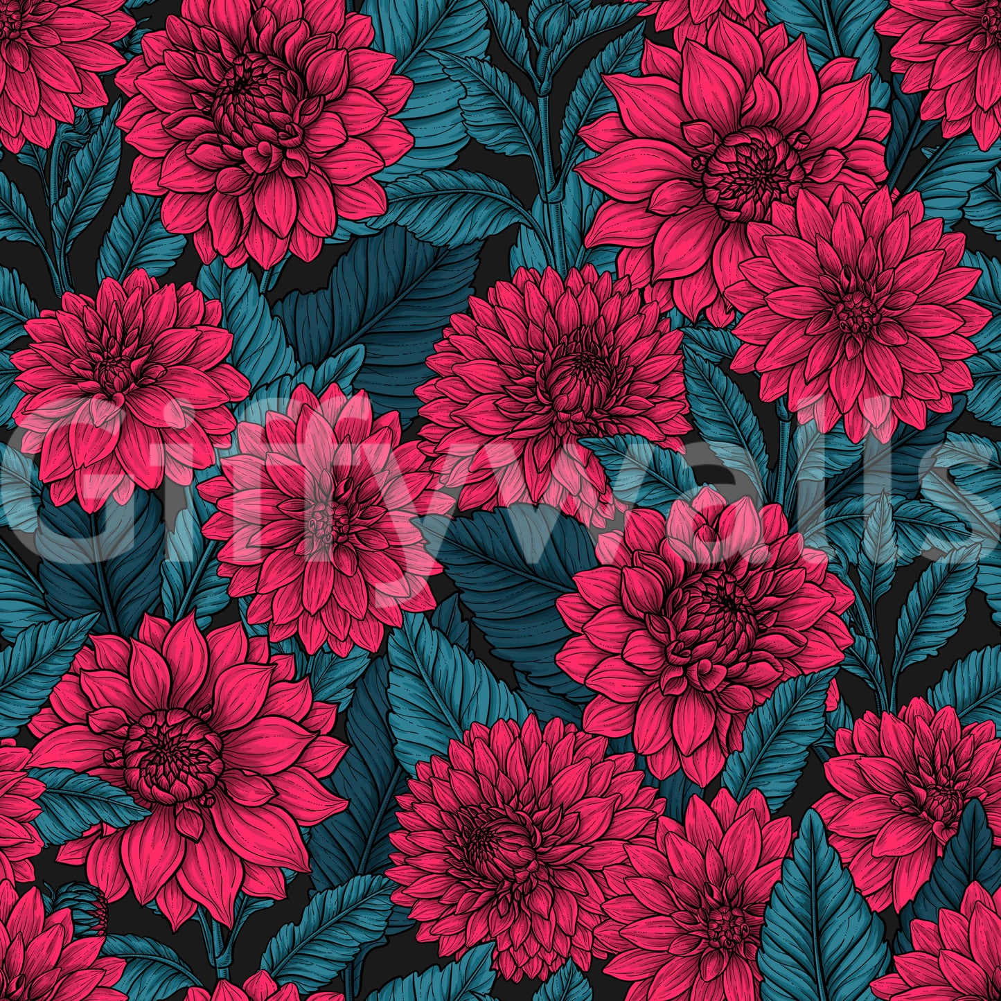 Red botanical wallpaper with contrasting dark teal leaf design and accents.