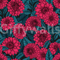 Red botanical wallpaper with contrasting dark teal leaf design and accents.