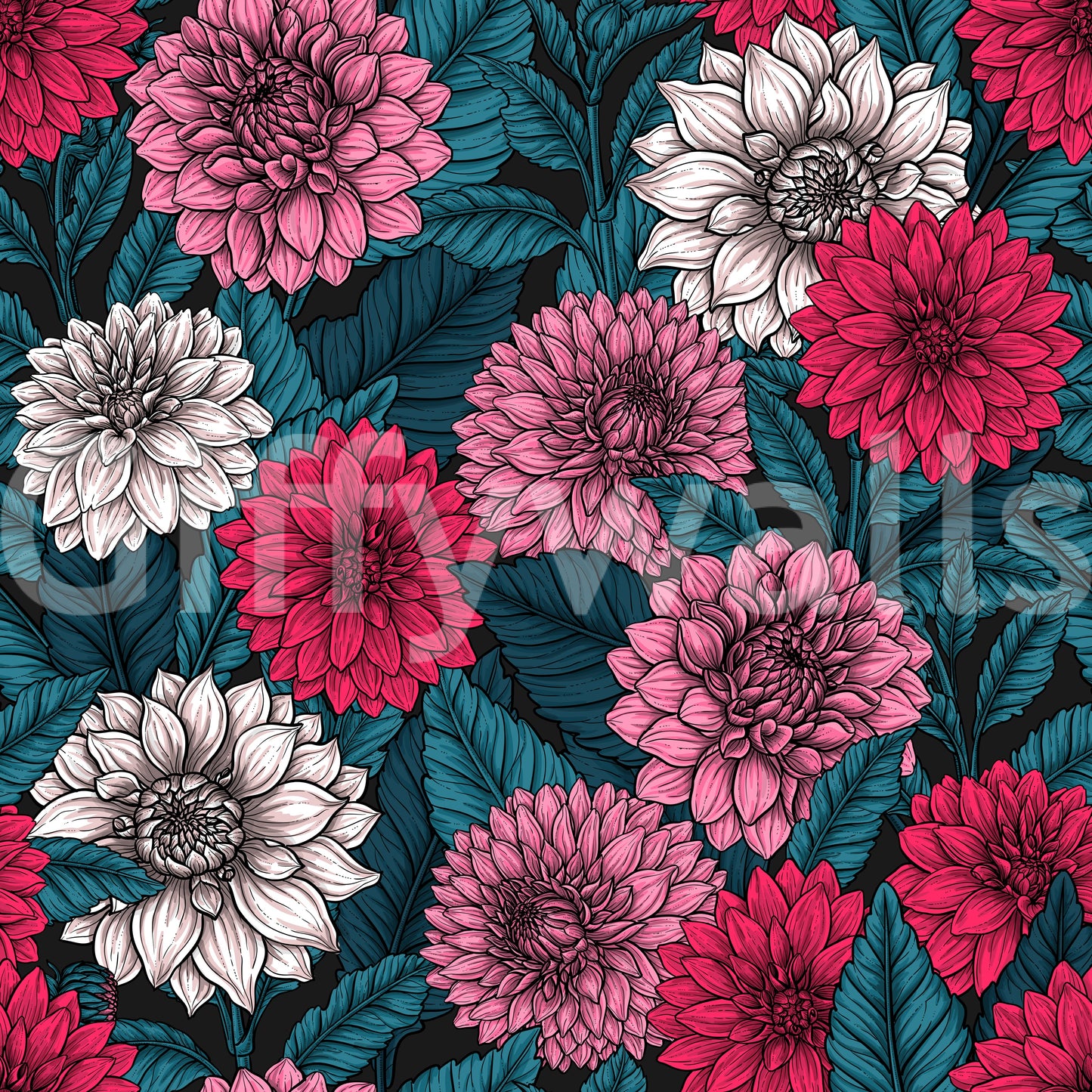 Symmetrical dahlia wallpaper print with decorative floral petal art.