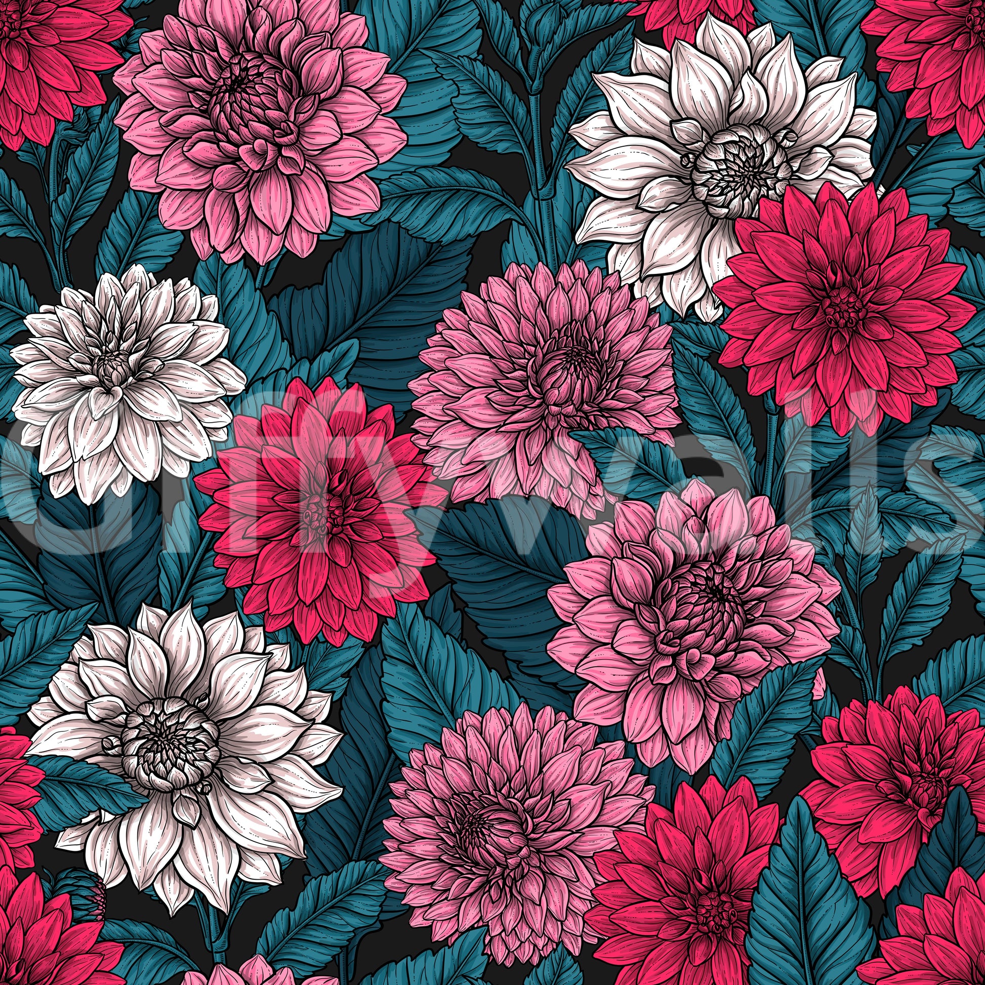 Symmetrical dahlia wallpaper print with decorative floral petal art.