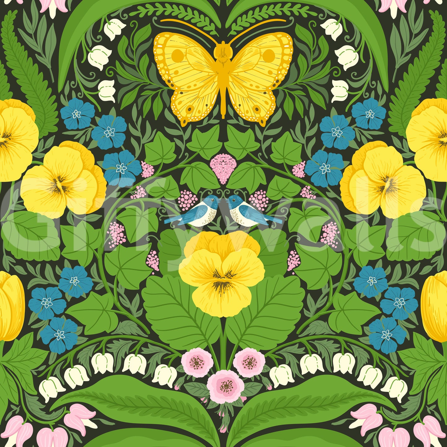Decorative wallpaper with blue birds, pink blossoms, and green fern leaf patterns.