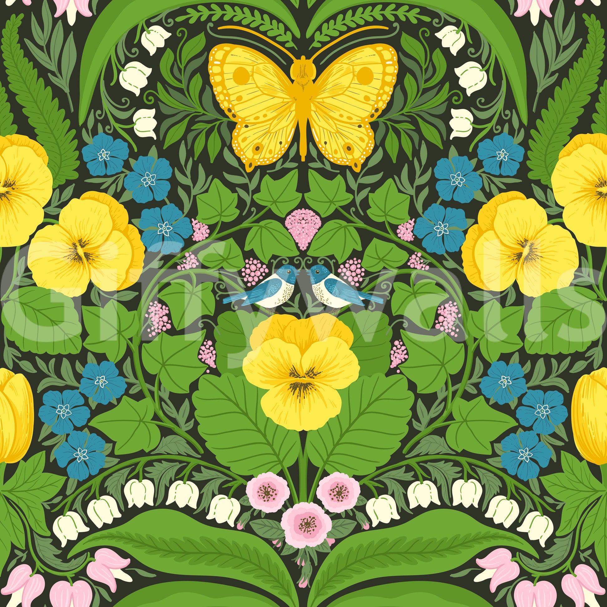 Decorative wallpaper with blue birds, pink blossoms, and green fern leaf patterns.