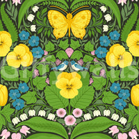 Decorative wallpaper with blue birds, pink blossoms, and green fern leaf patterns.