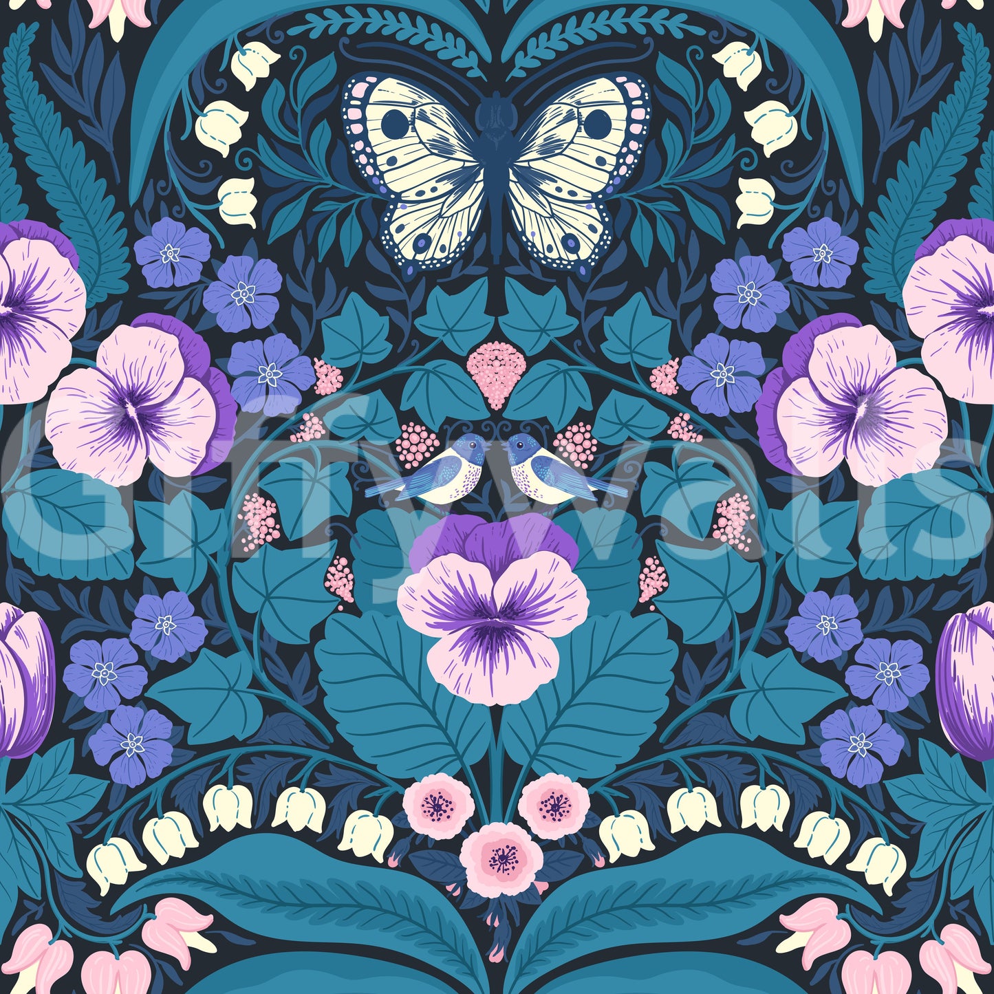 Dark navy wallpaper with purple pansy flowers and teal botanical leaves.