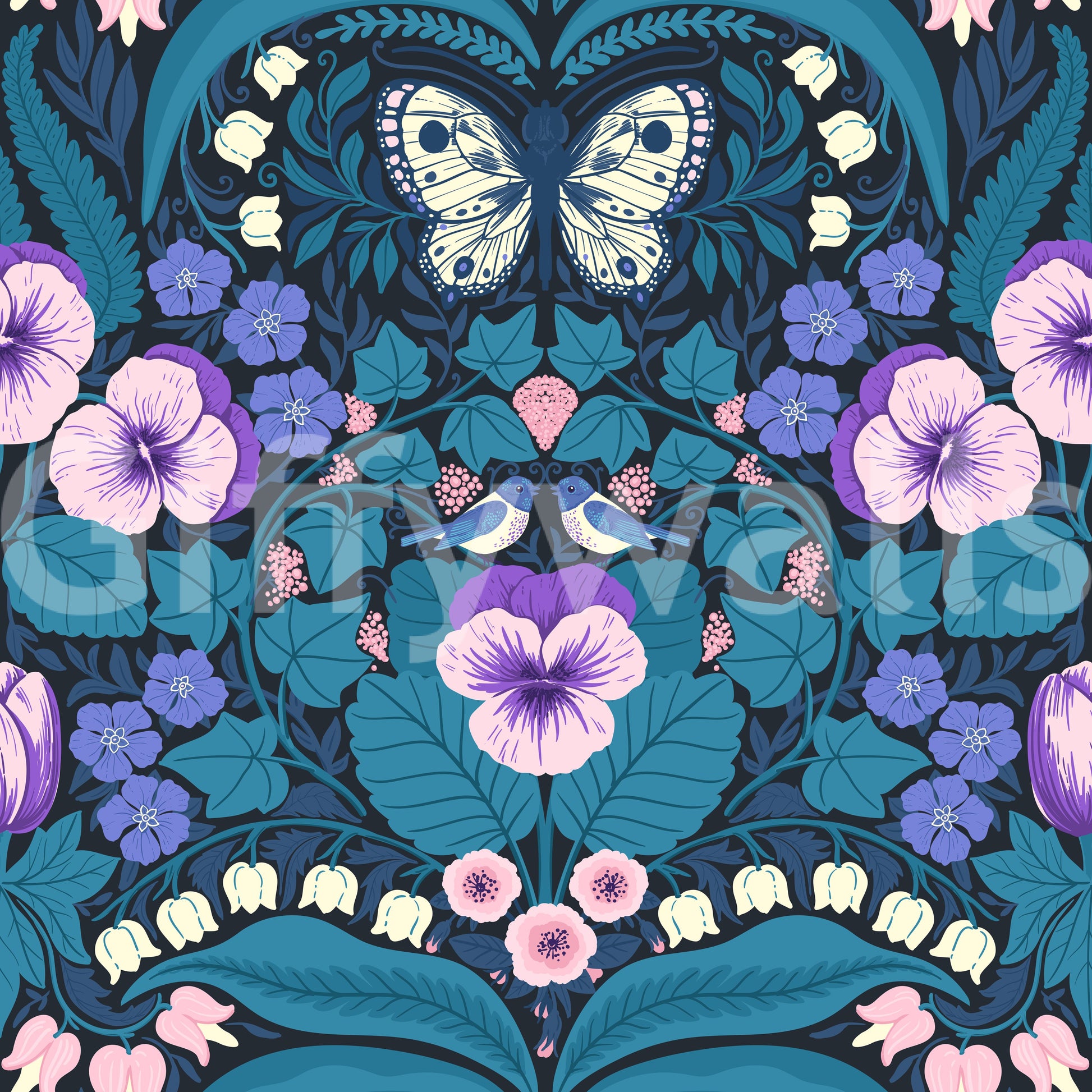 Dark navy wallpaper with purple pansy flowers and teal botanical leaves.
