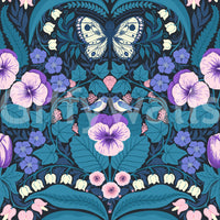 Dark navy wallpaper with purple pansy flowers and teal botanical leaves.