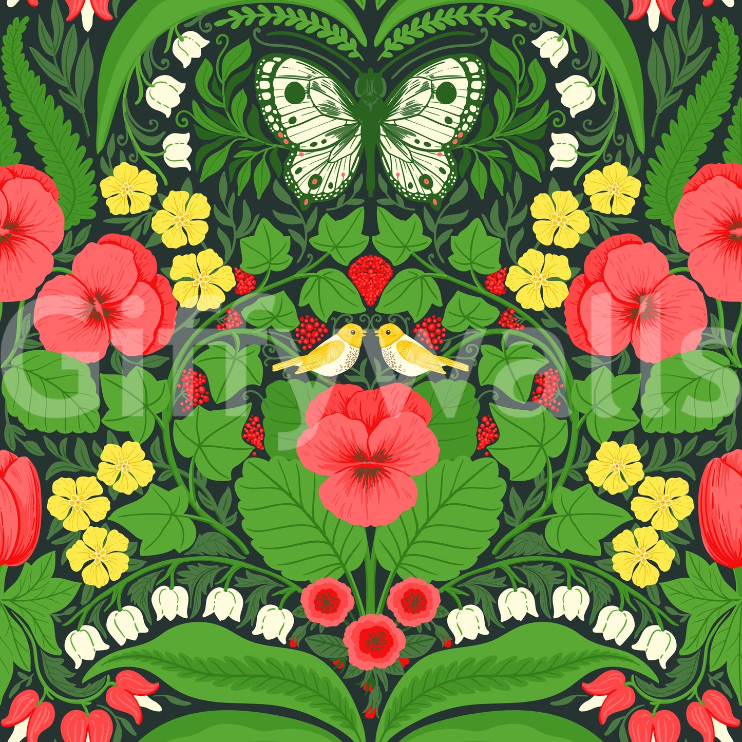 Dollhouse garden, pansies, birds and butterflies Wallpaper with white butterfly art.
