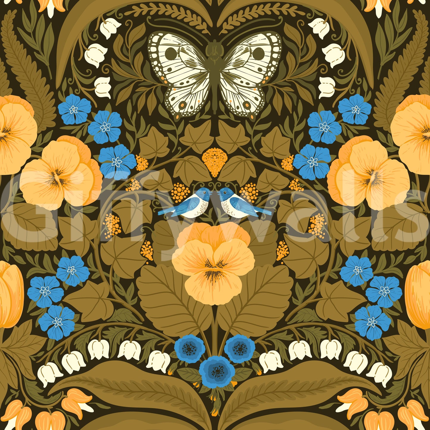 Symmetrical pansies wallpaper with dark green foliage and orange floral accents.