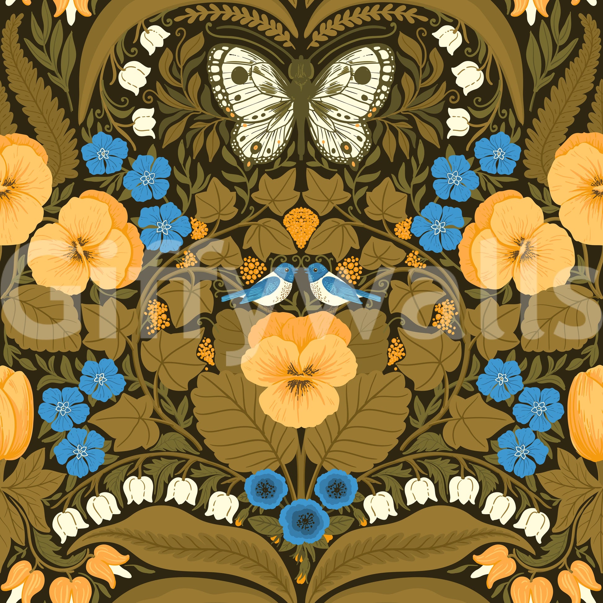 Symmetrical pansies wallpaper with dark green foliage and orange floral accents.