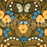 Symmetrical pansies wallpaper with dark green foliage and orange floral accents.