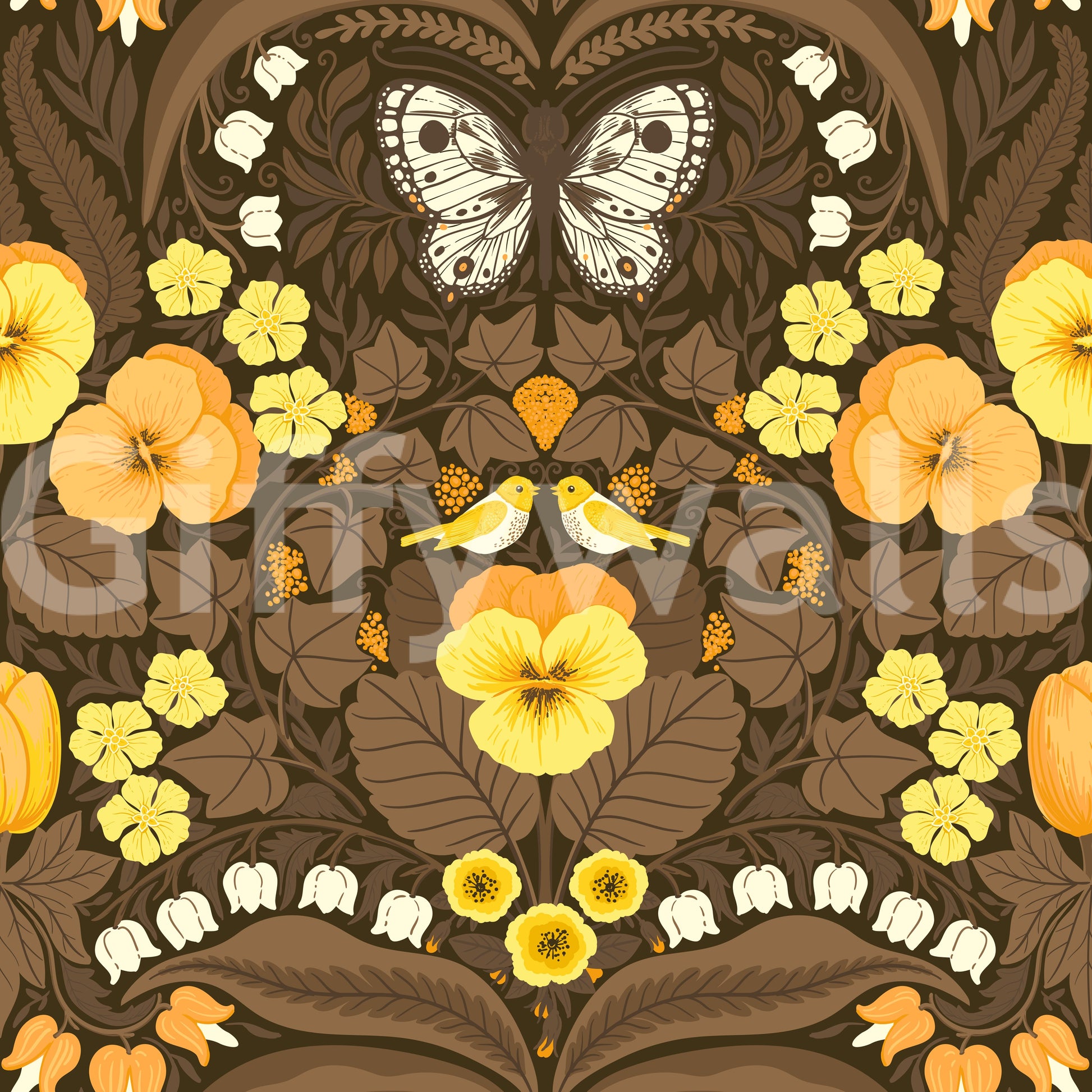 Large white butterflies with black spots on a dark brown patterned wallpaper.