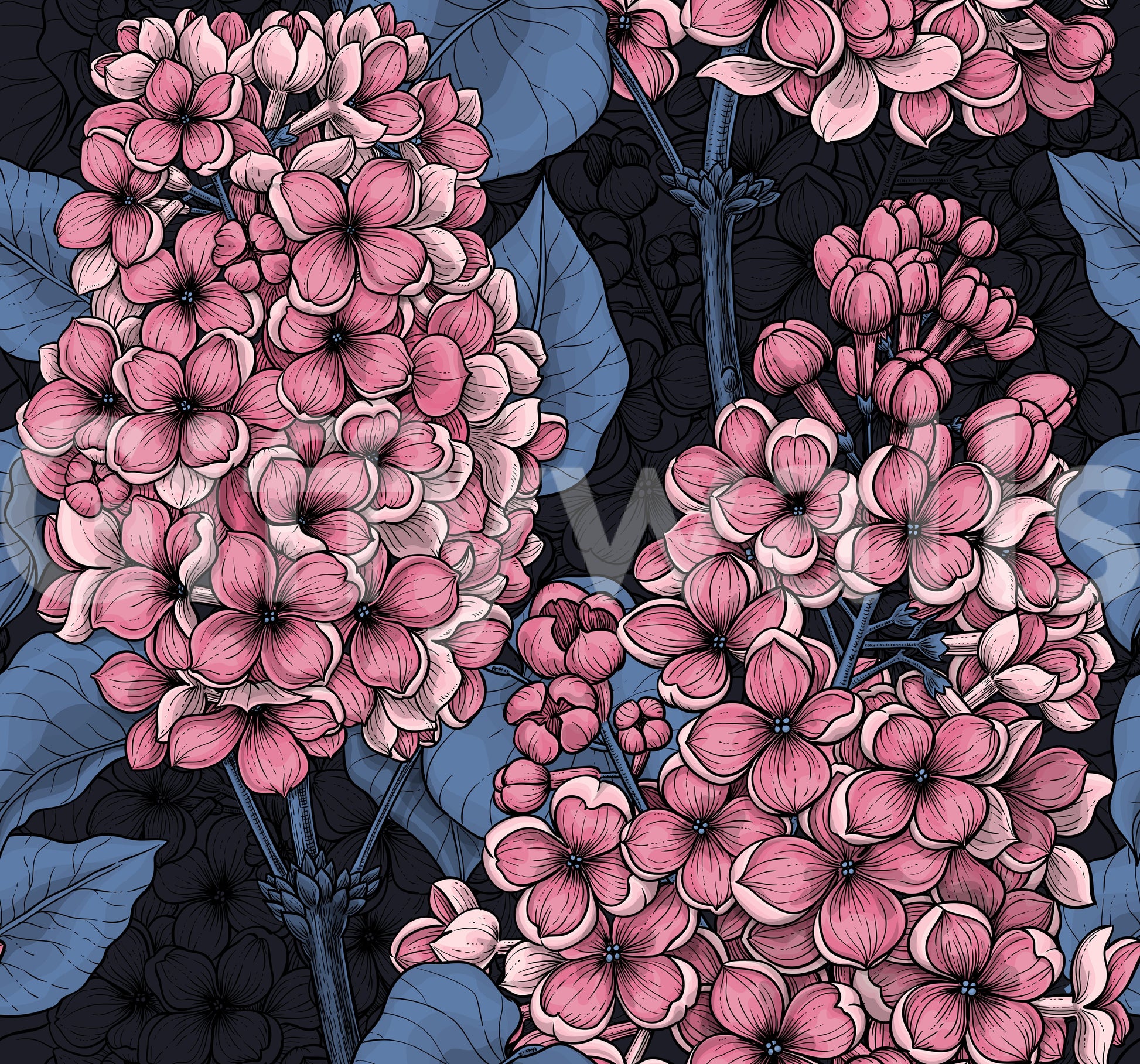 Dark floral wallpaper with pink lilac blossoms and detailed blue leaves., GD9825
