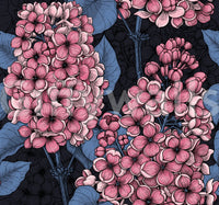 Dark floral wallpaper with pink lilac blossoms and detailed blue leaves., GD9825