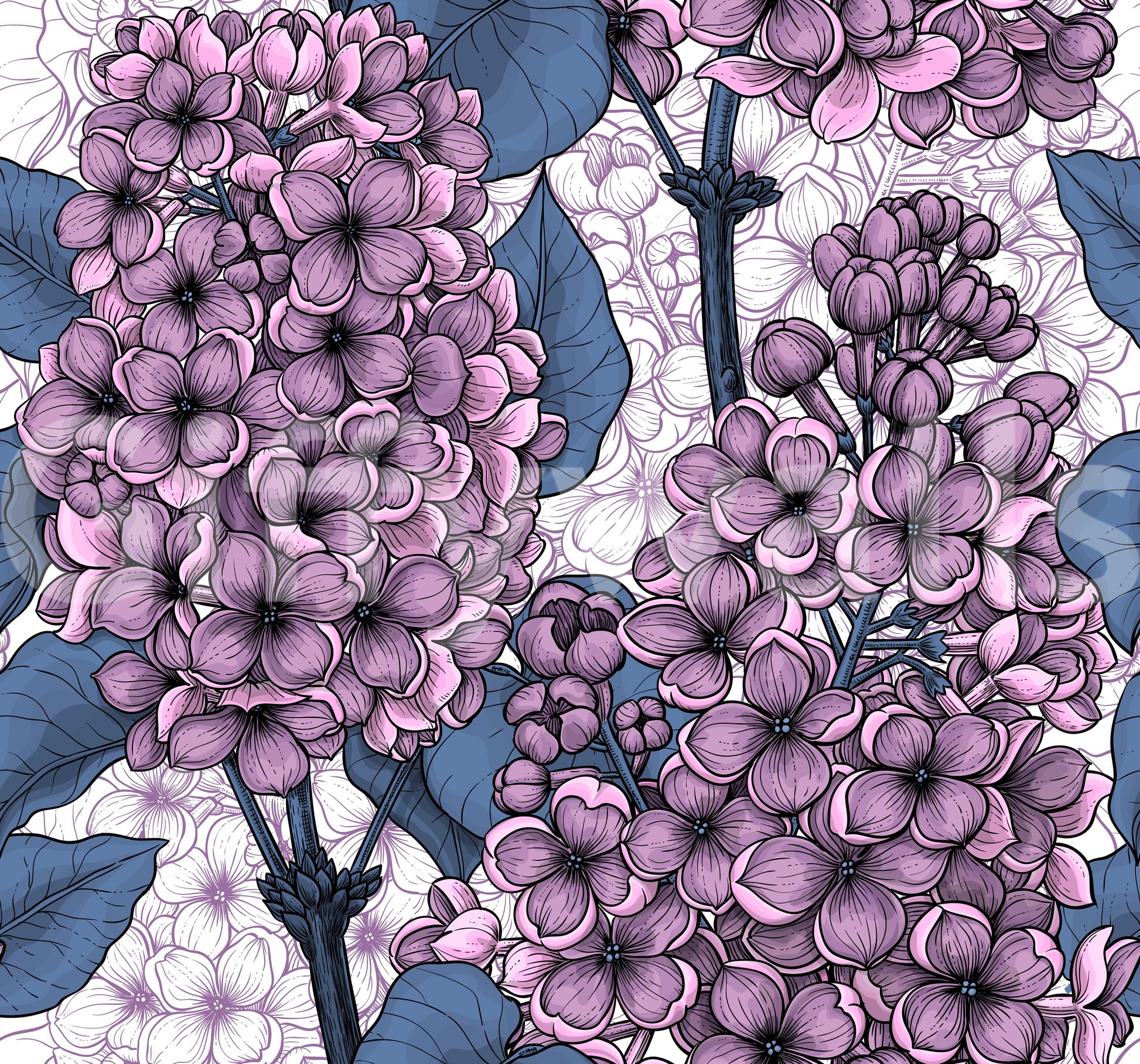 Vintage style lilac wallpaper with blue leaves and white floral backdrop., GD9826