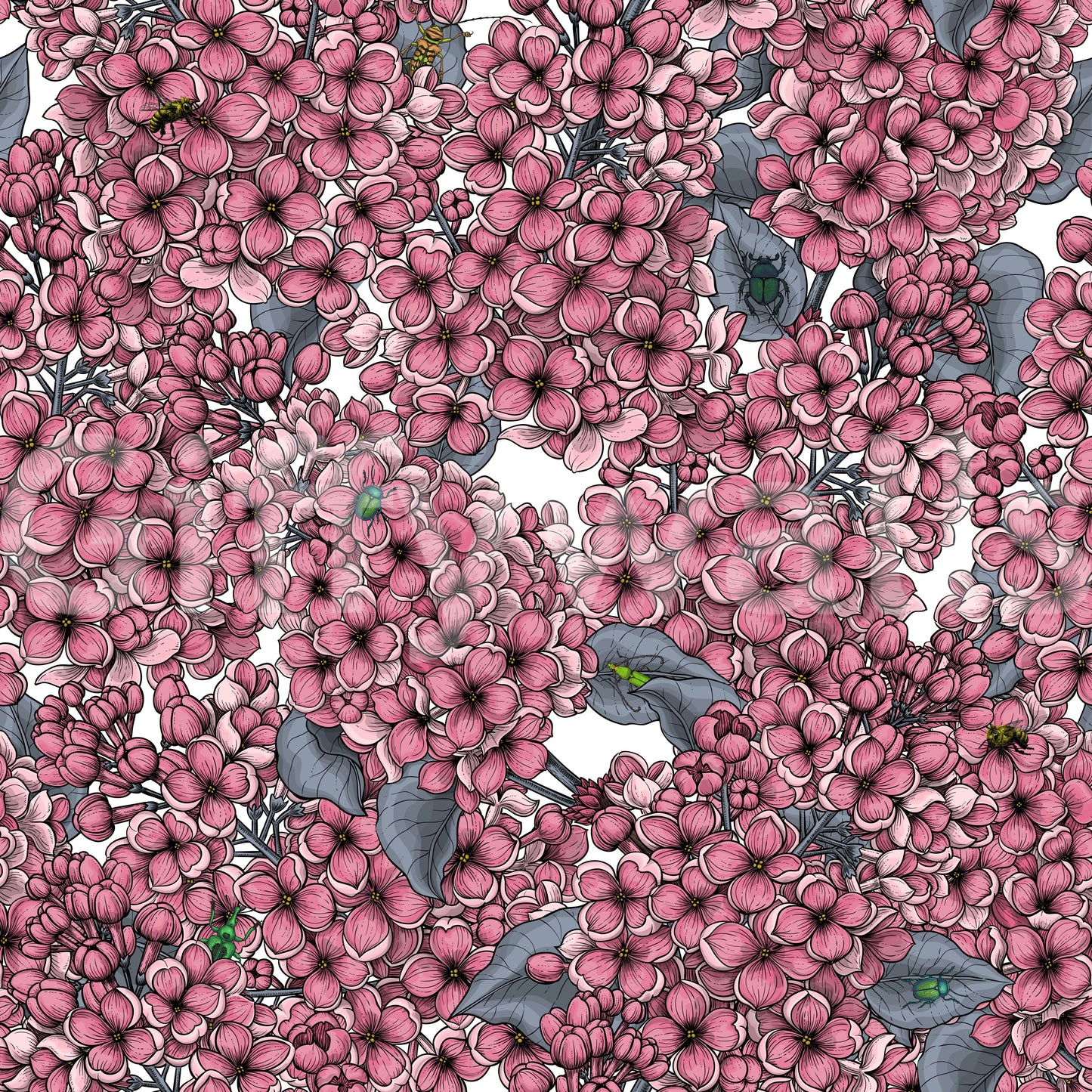 Lilac pattern wallpaper with pink flower details and grey foliage and small insects.