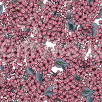 Lilac pattern wallpaper with pink flower details and grey foliage and small insects.