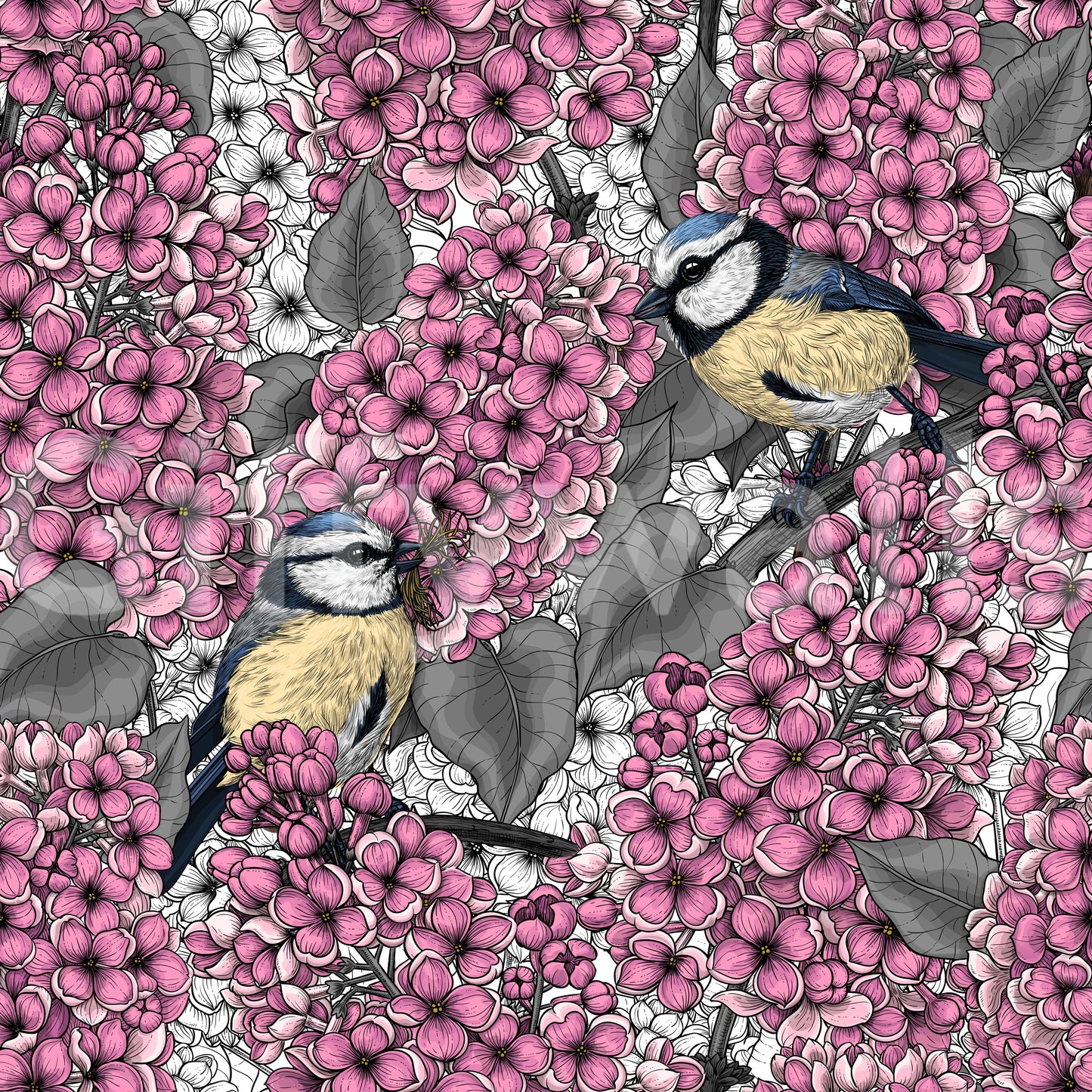 Intricate lilac wallpaper with pink flowers and blue tit birds.